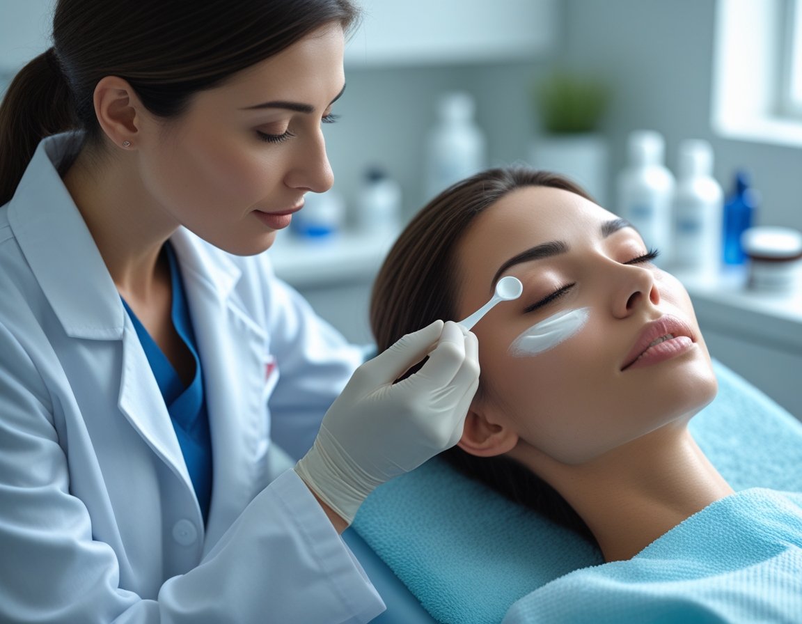 A medical professional applying cream under the eyes of a woman to reduce dark circles in a clinic setting.